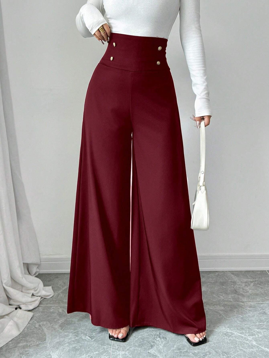 Damen Weite High-Waist Hose mit dekorativen Knöpfen R&B
