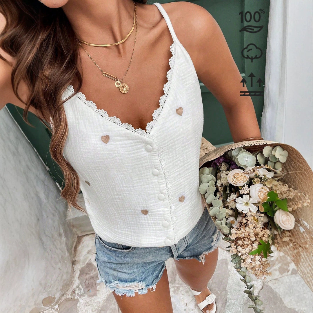 Damen Spaghetti-Trägershirt mit Herzmotiven R&B
