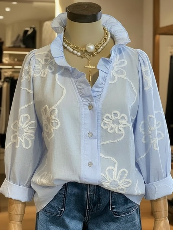 Damen elegante Bluse mit floralen Stickereien und voluminösen Ärmeln R&B