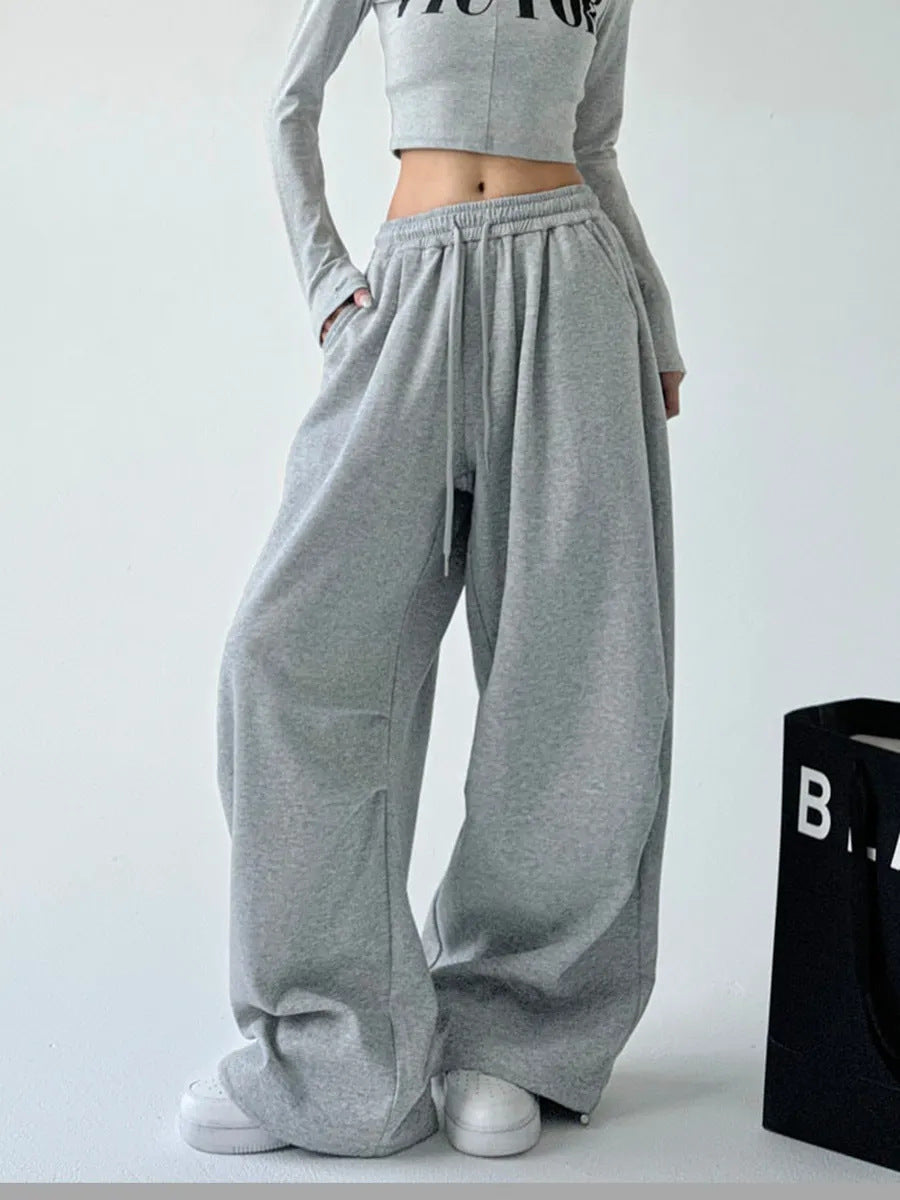 Damen lässige High-Waist Jogginghose mit weitem Bein und elastischem Bund