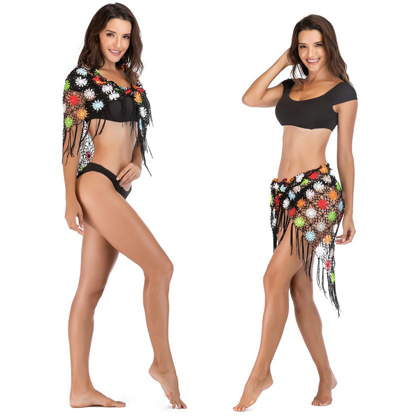 Damen Häkel-Überwurfjacke mit floralen Motiven und Fransen R&B