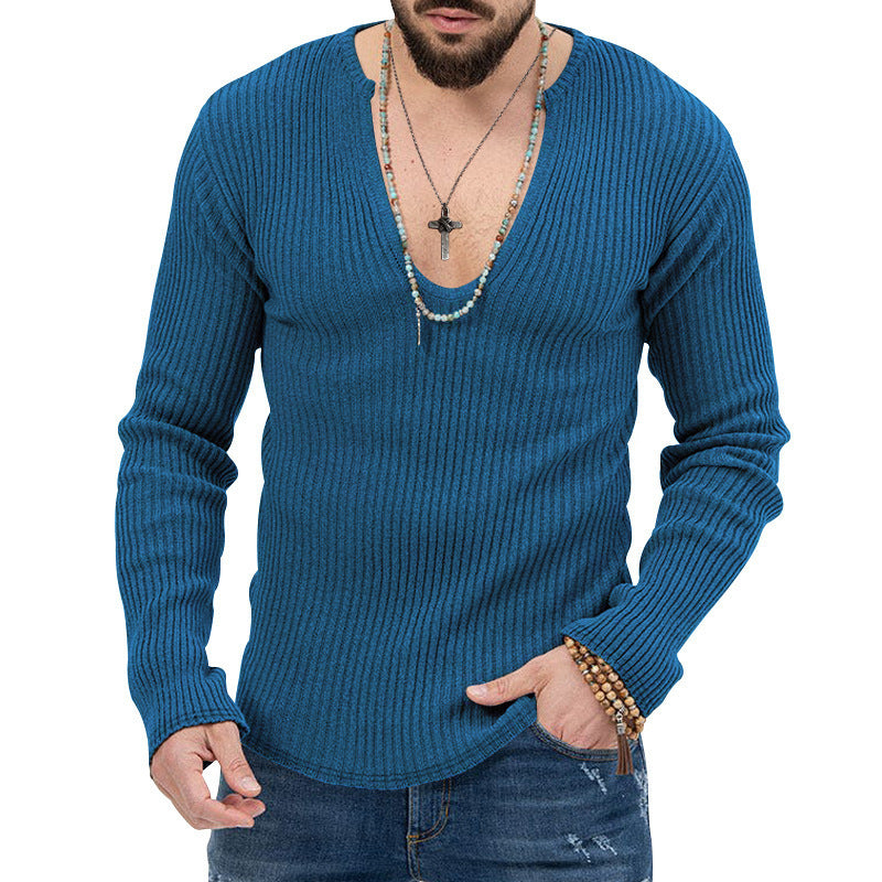 Herren Langarm-Rippenpullover mit tiefem V-Ausschnitt und modernem Schnitt R&B