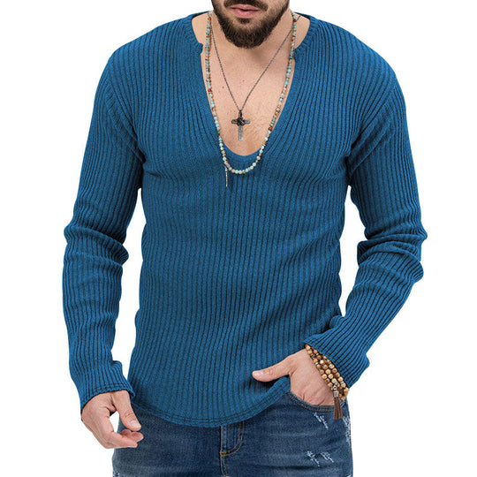 Herren Langarm-Rippenpullover mit tiefem V-Ausschnitt und modernem Schnitt R&B