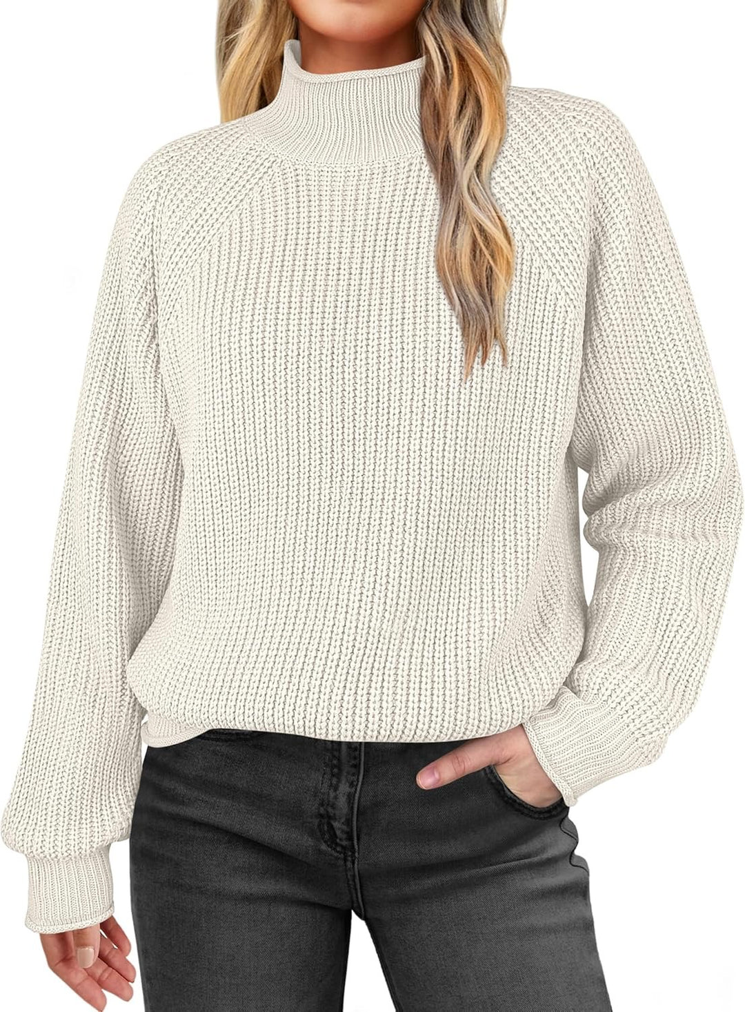 Damen modischer Strickpullover mit hohem Kragen und strukturierter Oberfläche R&B
