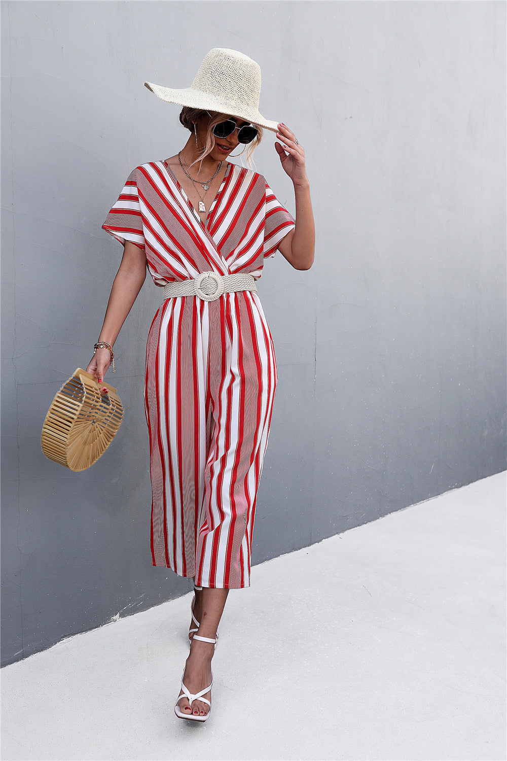 Damen eleganter Jumpsuit mit V-Ausschnitt, breiten Ärmeln und anisstreifendem Design R&B