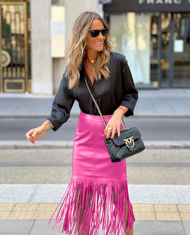 Damen Fuchsia-Fransenrock aus Kunstleder mit figurbetonter Silhouette und schwingendem Design R&B