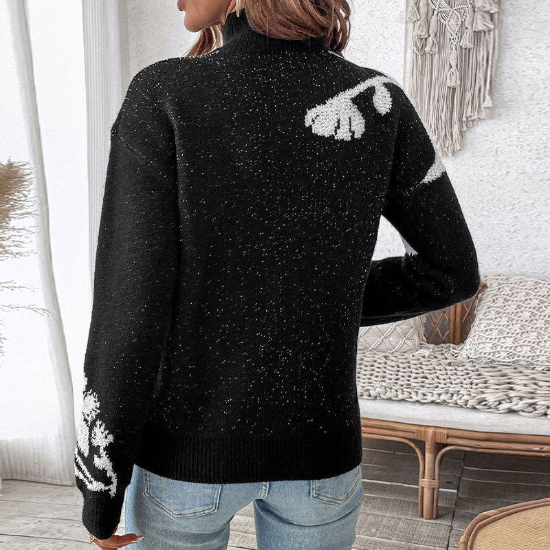 Damen Strickpullover mit floralem Muster und hohem Kragen R&B