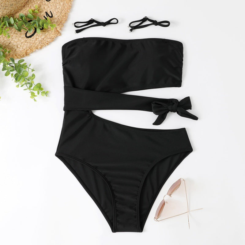 Damen Bandeau Bikini mit asymmetrischem Schnitt und modischem Animal-Print R&B