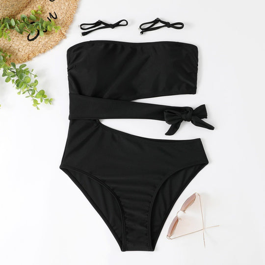 Damen Bandeau Bikini mit asymmetrischem Schnitt und modischem Animal-Print R&B
