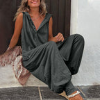 Damen Lässiger Jumpsuit mit Kapuze und Knopfverschluss R&B