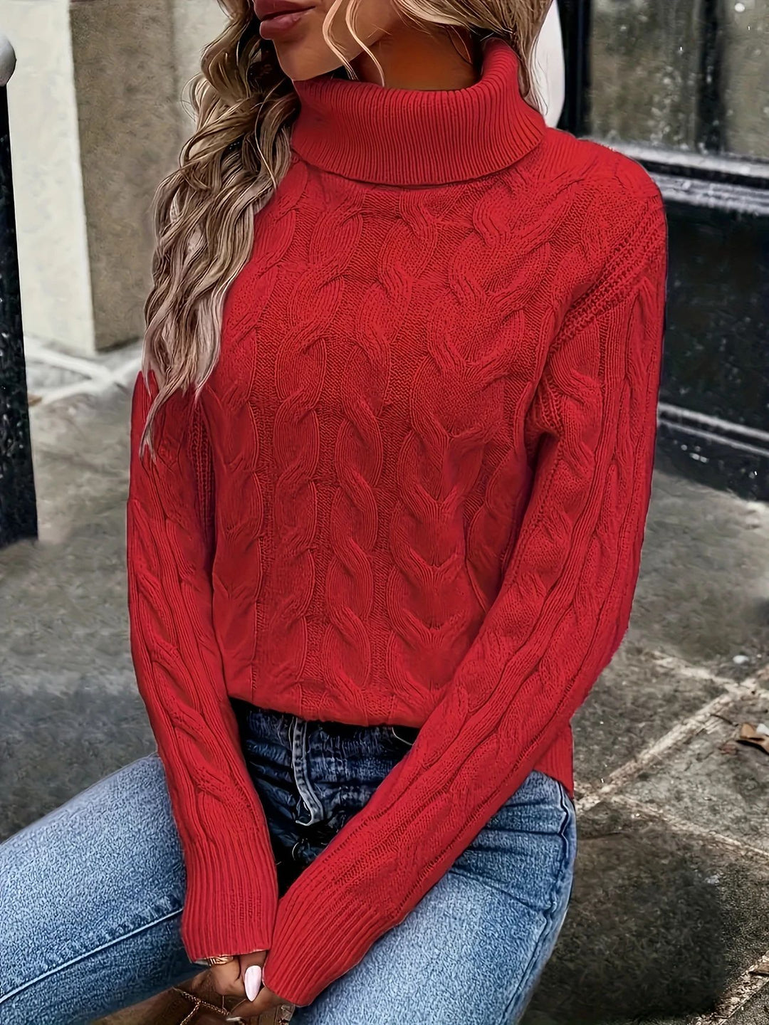 Damen Strickpullover mit hohem Kragen und Zopfmuster R&B