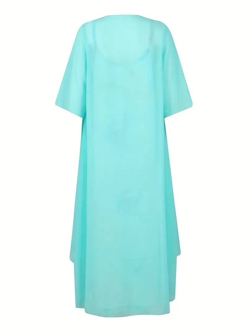 Damen festliches Maxikleid mit künstlerischem Marmormuster und elegantem Überwurf R&B