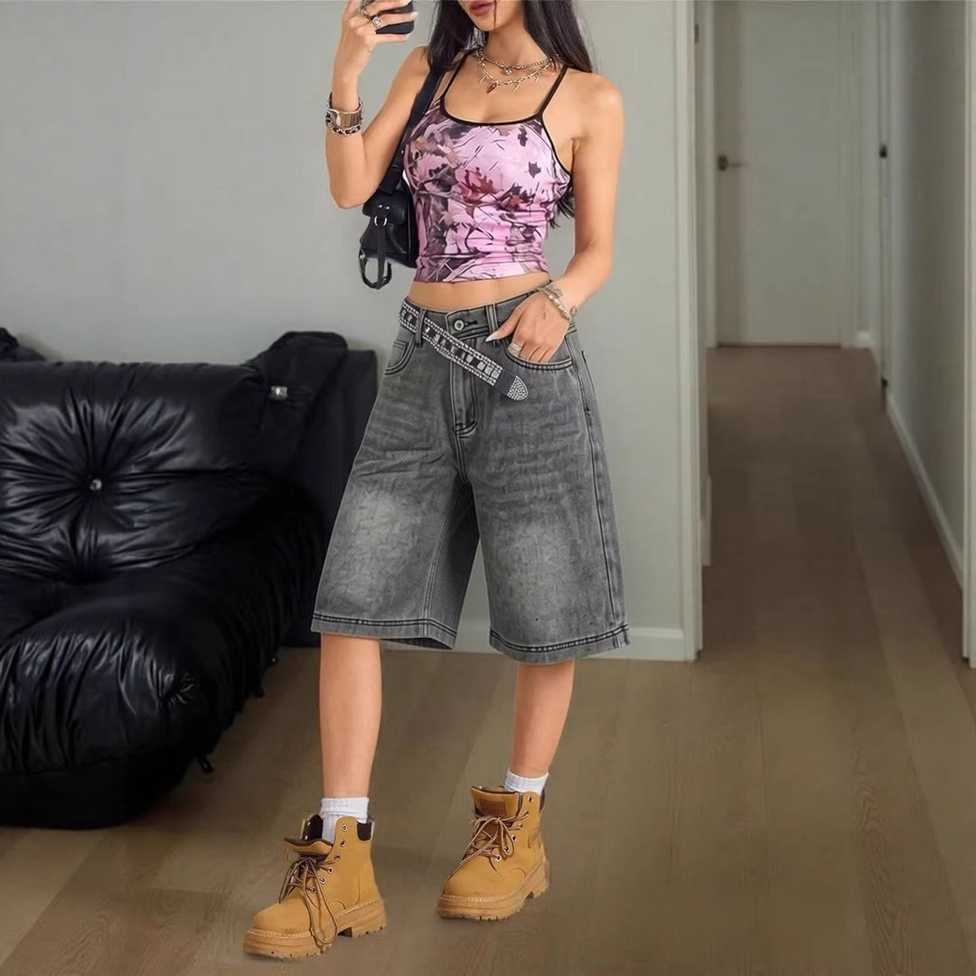 Damen lässige Denim-Shorts mit hohem Bund und weitem Schnitt R&B