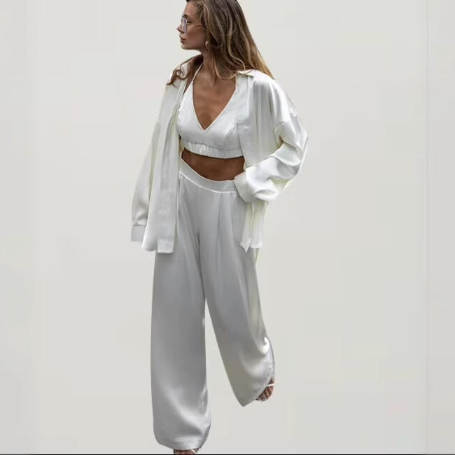 Damen Set aus eleganter Bluse, bequemen Palazzo-Hosen und modischem Bralette R&B