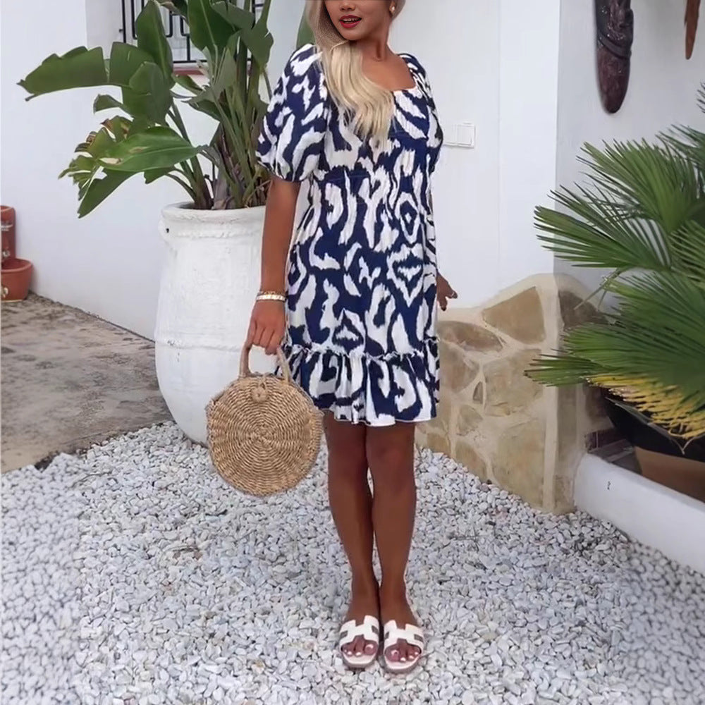 Damen nan Kurzschnitt-Sommerkleid mit quadratischem Ausschnitt, Puffärmeln und Volant-Saum R&B