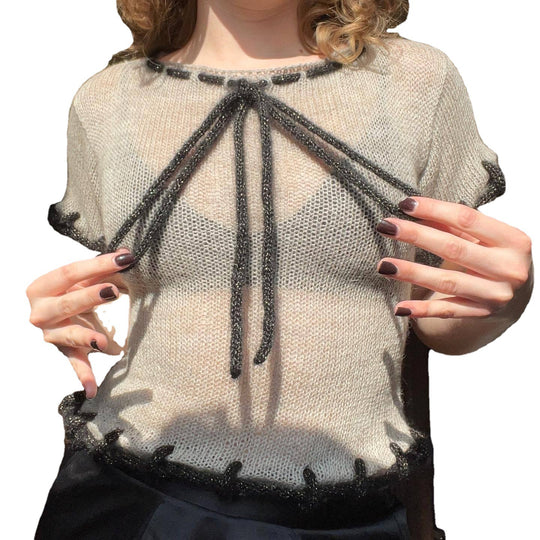 Damen modisches transparentes Strickoberteil mit dekorativen Profilschnüren R&B