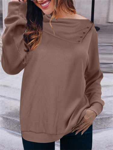 Damen eleganter Oversized Pullover mit asymmetrischem Halsausschnitt und Knopfdetails R&B