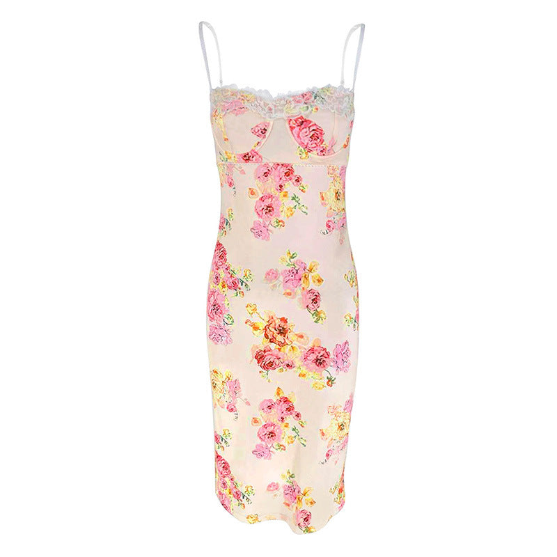 Damen Sommerliches Blumenkleid mit zarter Spitze und Spaghetti-Trägern R&B