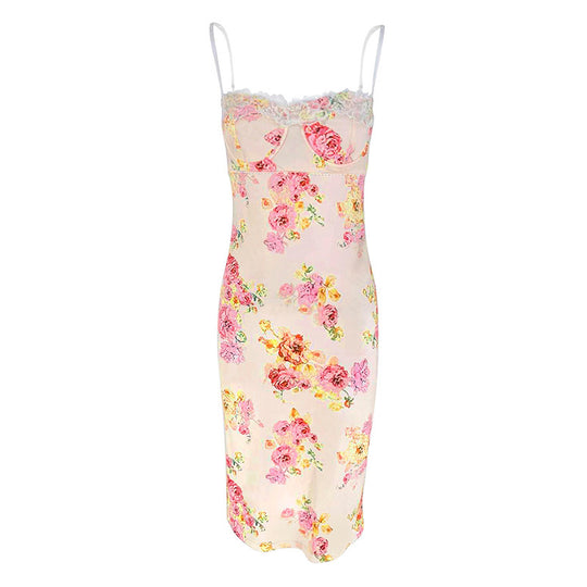 Damen Sommerliches Blumenkleid mit zarter Spitze und Spaghetti-Trägern R&B