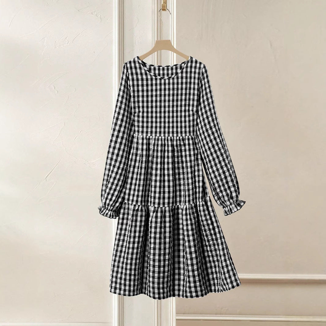 Damen Karomuster Maxikleid mit langem Arm und Rüschendetail