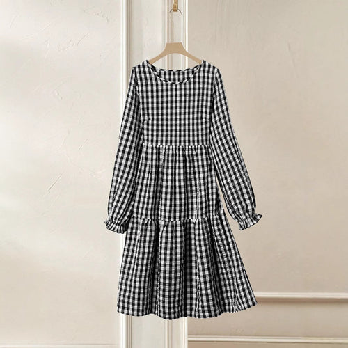 Damen Karomuster Maxikleid mit langem Arm und Rüschendetail R&B