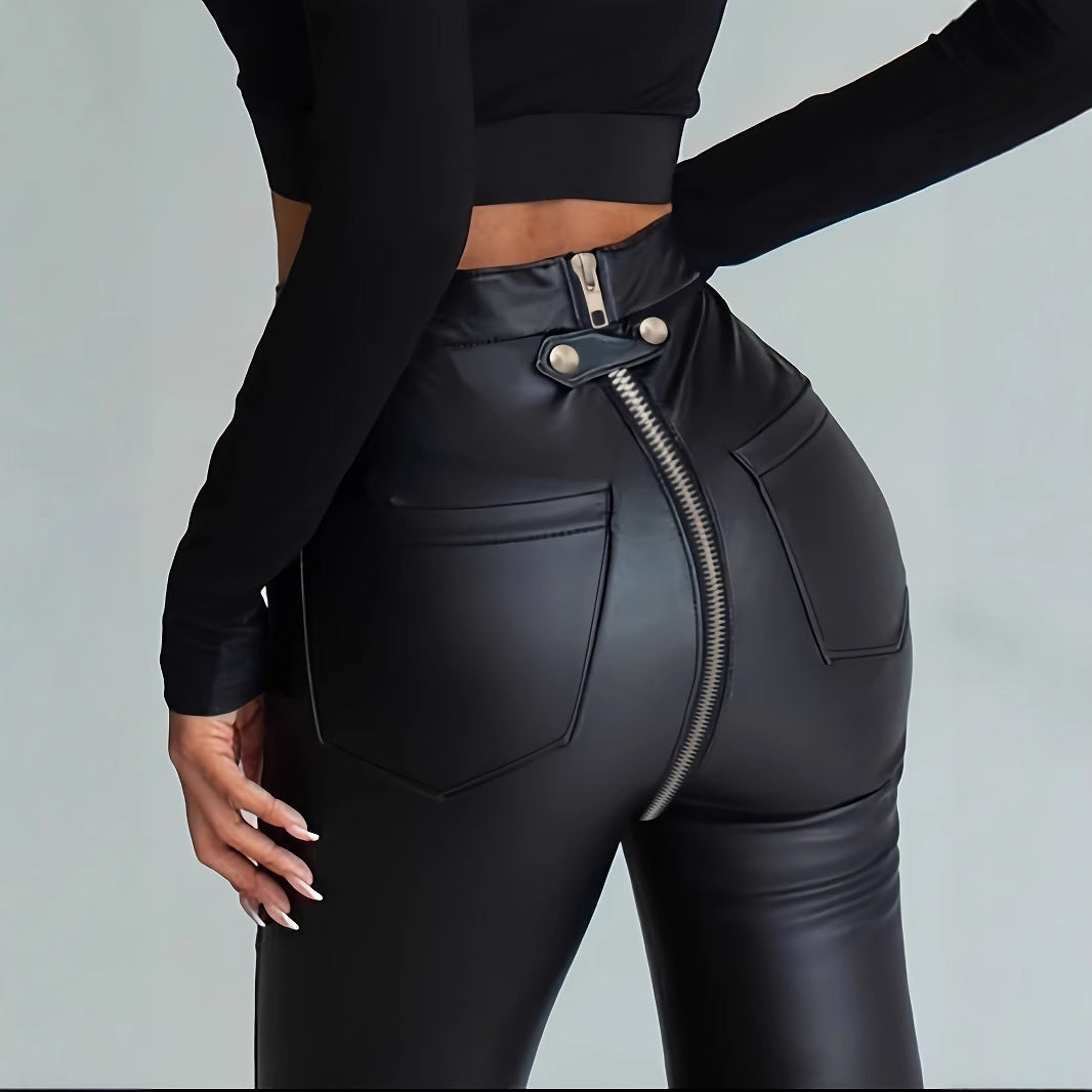 Damen Modische Kunstlederleggings mit Reißverschluss und Taillierung R&B