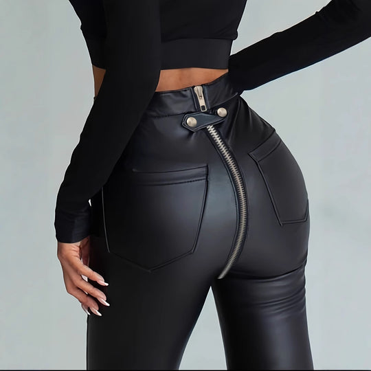Damen Modische Kunstlederleggings mit Reißverschluss und Taillierung R&B