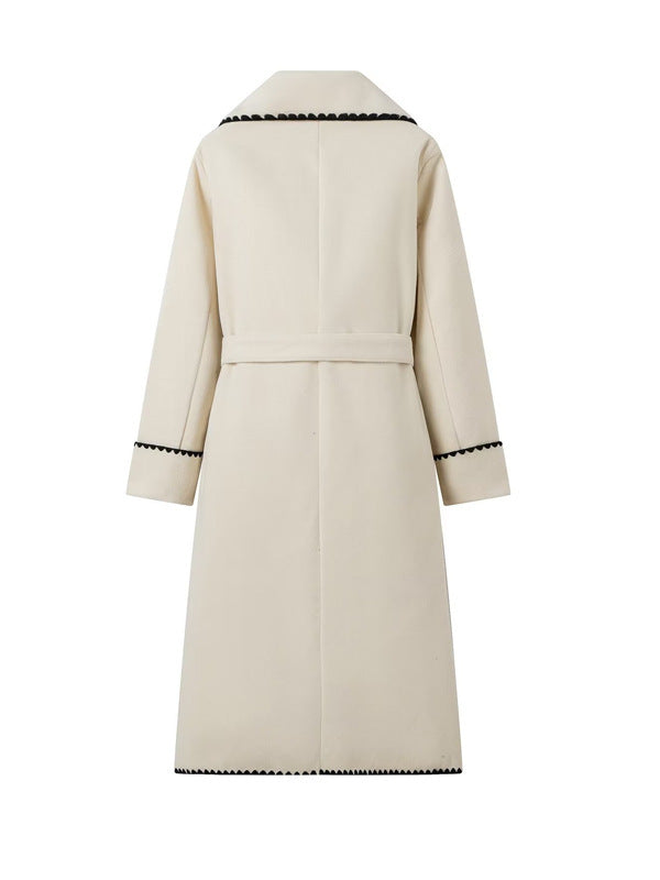 Damen eleganter Longcoat mit Bindegürtel und kontrastierenden Paspeln R&B
