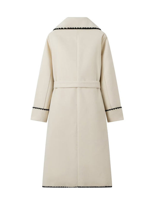 Damen eleganter Longcoat mit Bindegürtel und kontrastierenden Paspeln R&B