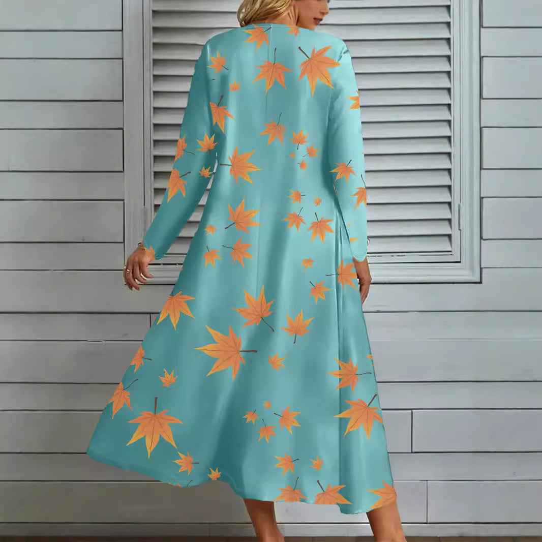Damen Maxikleid mit V-Ausschnitt und herbstlichem Blattdesign R&B