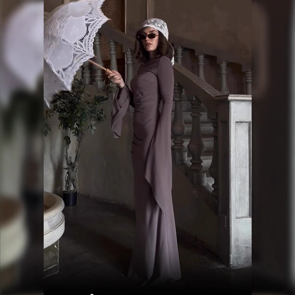 Damen elegantes Maxi-Kleid mit schwingenden Ärmeln und raffinierten Drapierungen R&B