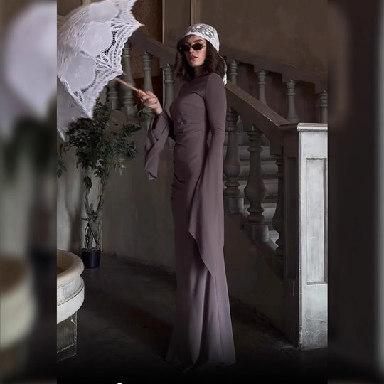 Damen elegantes Maxi-Kleid mit schwingenden Ärmeln und raffinierten Drapierungen R&B