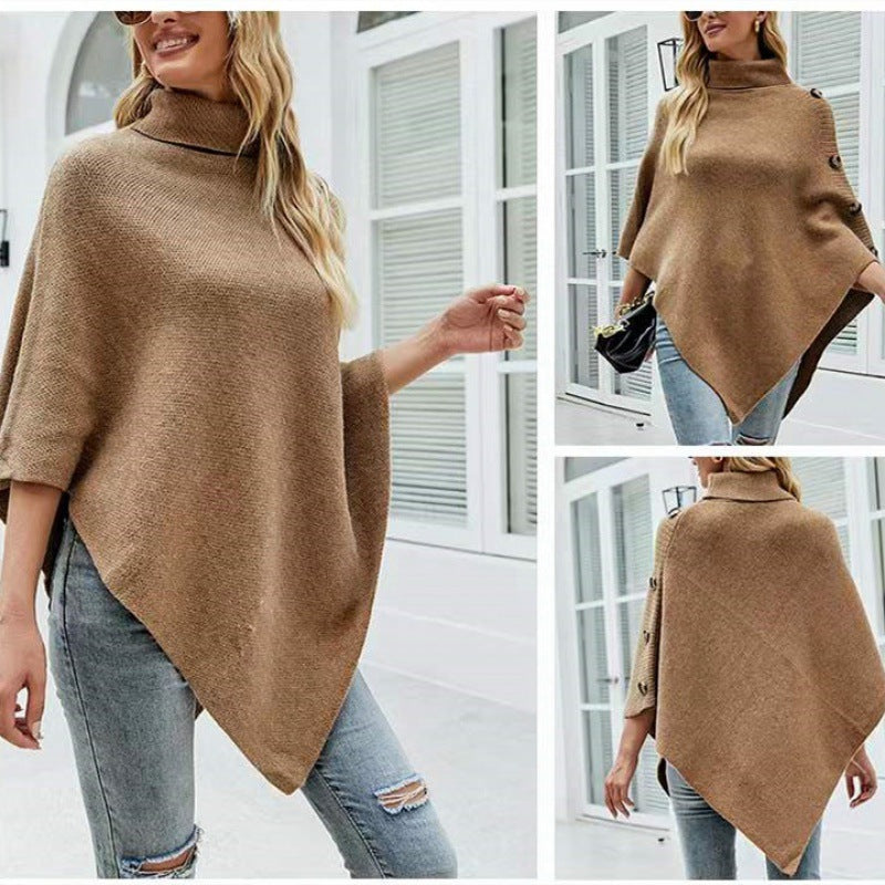 Damen Strick-Poncho mit steigendem Kragen und dekorativen Knopfdetails R&B