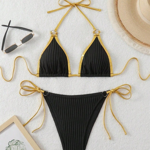 Damen Bikini-Set mit glänzenden Akzenten und verstellbaren Bindebändern R&B
