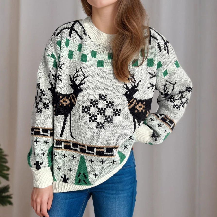 Damen gemusterter Weihnachtspullover mit festlichem Rentierdesign und Oversize-Schnitt R&B