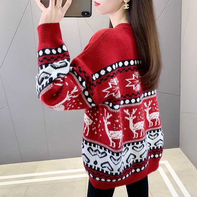 Damen Grobstrickpullover mit festlichem Rentiermotiv und modernem Design R&B