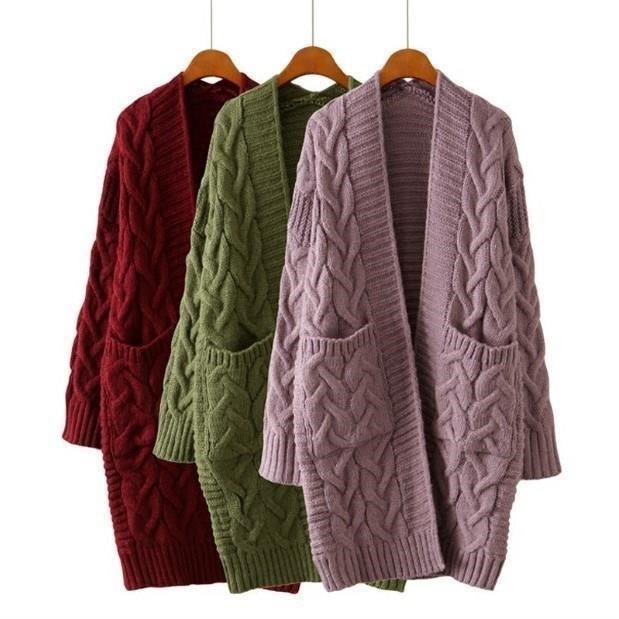 Damen Strickjacke mit grobem Zopfmuster und Taschen R&B