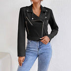 Damen Stylische Kunstjacke im Biker-Stil mit asymmetrischem Reißverschluss R&B