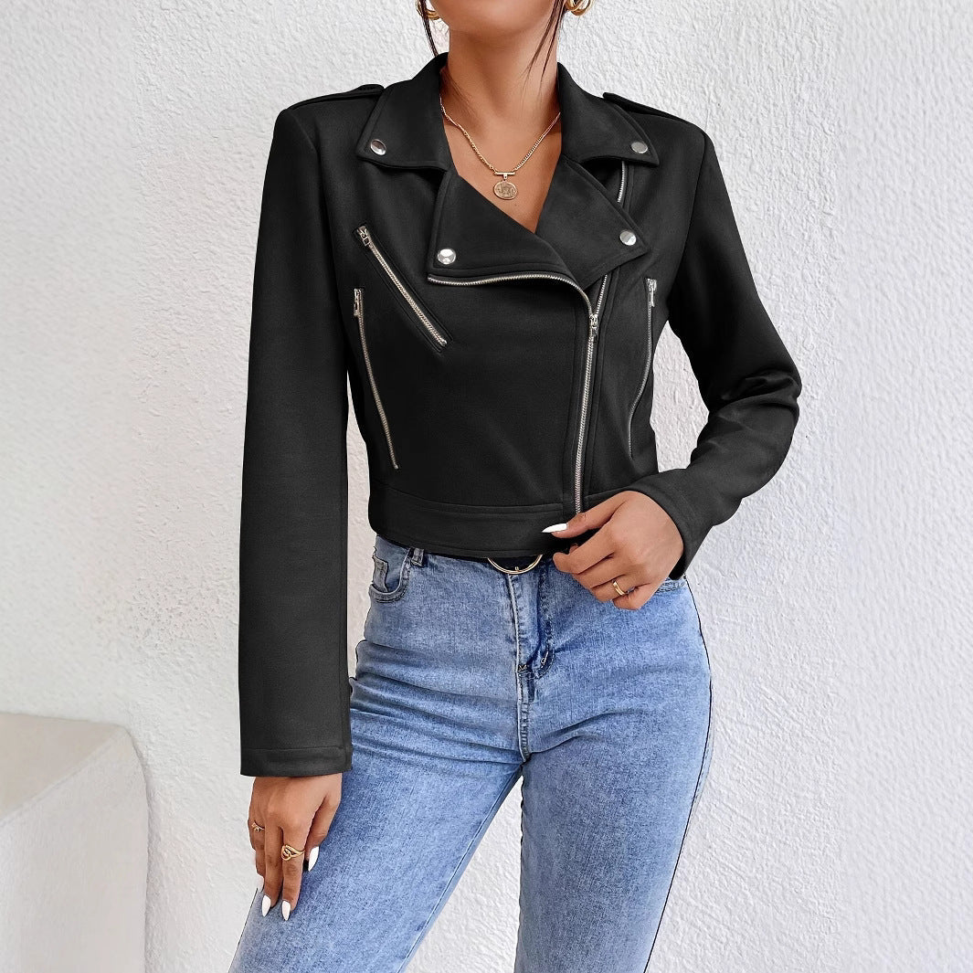 Damen Stylische Kunstjacke im Biker-Stil mit asymmetrischem Reißverschluss R&B