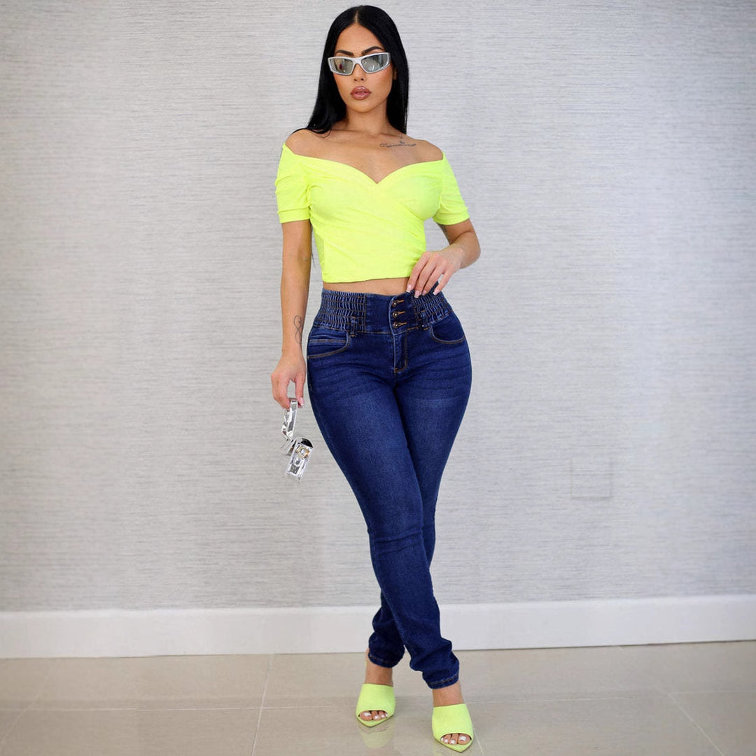 Damen Hochtaillierte Jeans mit elastischem Bund und Knopfdetails R&B
