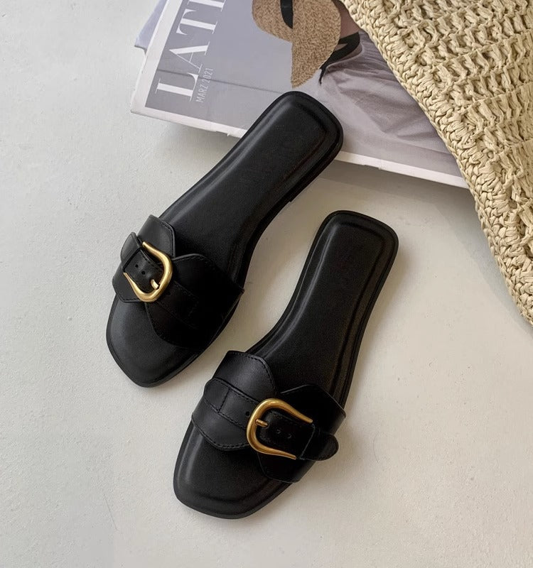 Damen modische Zehentrenner-Sandalen mit luxuriösem Schnallenakzent und bequemem Fußbett R&B