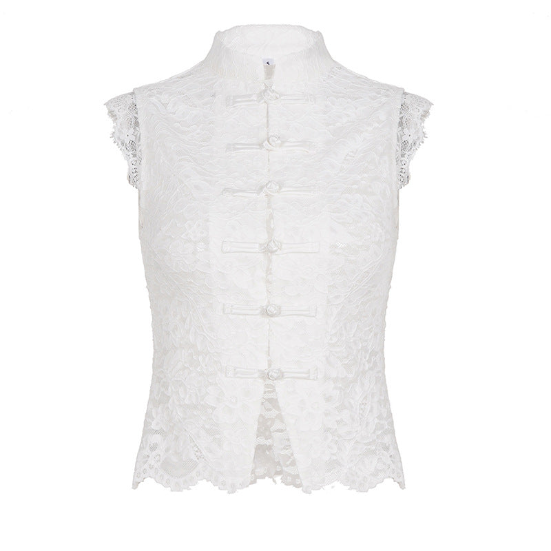 Damen Spitzenoberteil mit Stehkragen und Knopfdetails R&B