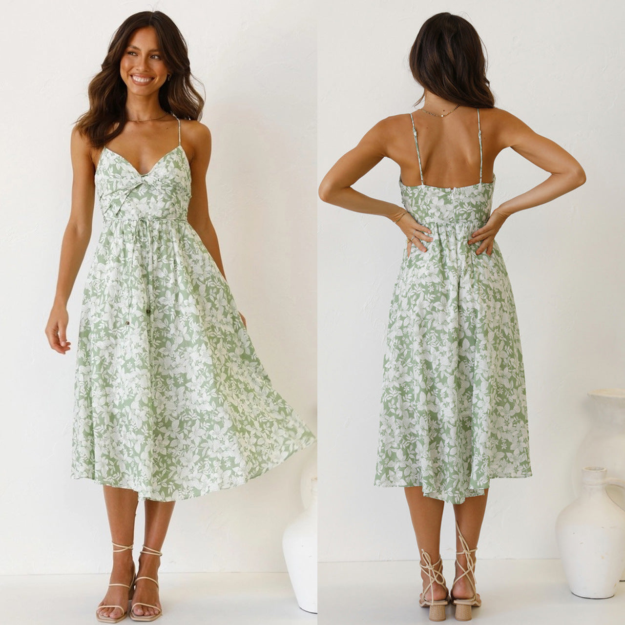 Damen Midikleid mit Floralem Muster und Verstellbaren Spaghettiträgern R&B