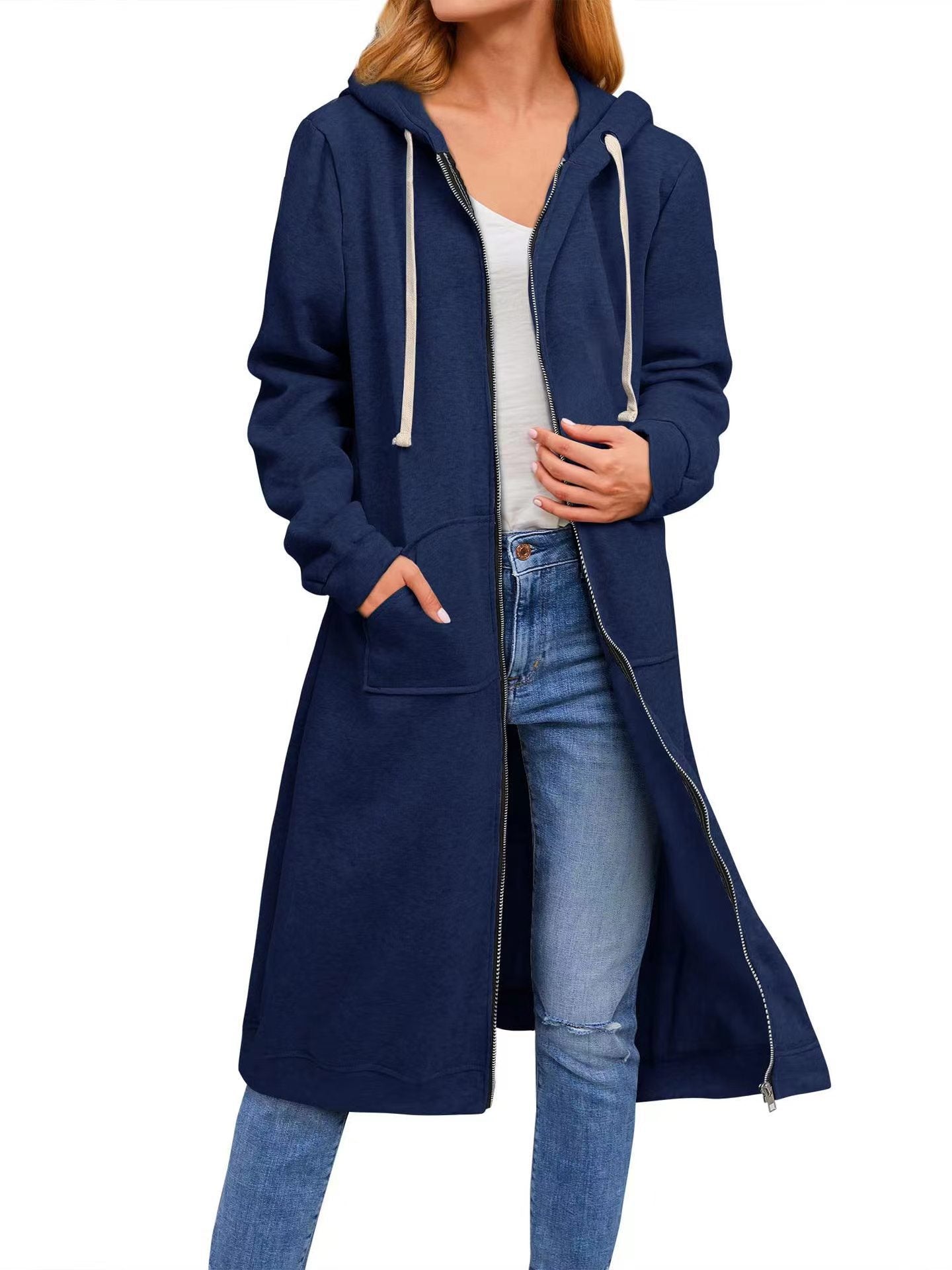 Damen Long Hoodie-Jacke aus bequemen Sweatmaterial mit Taschen R&B