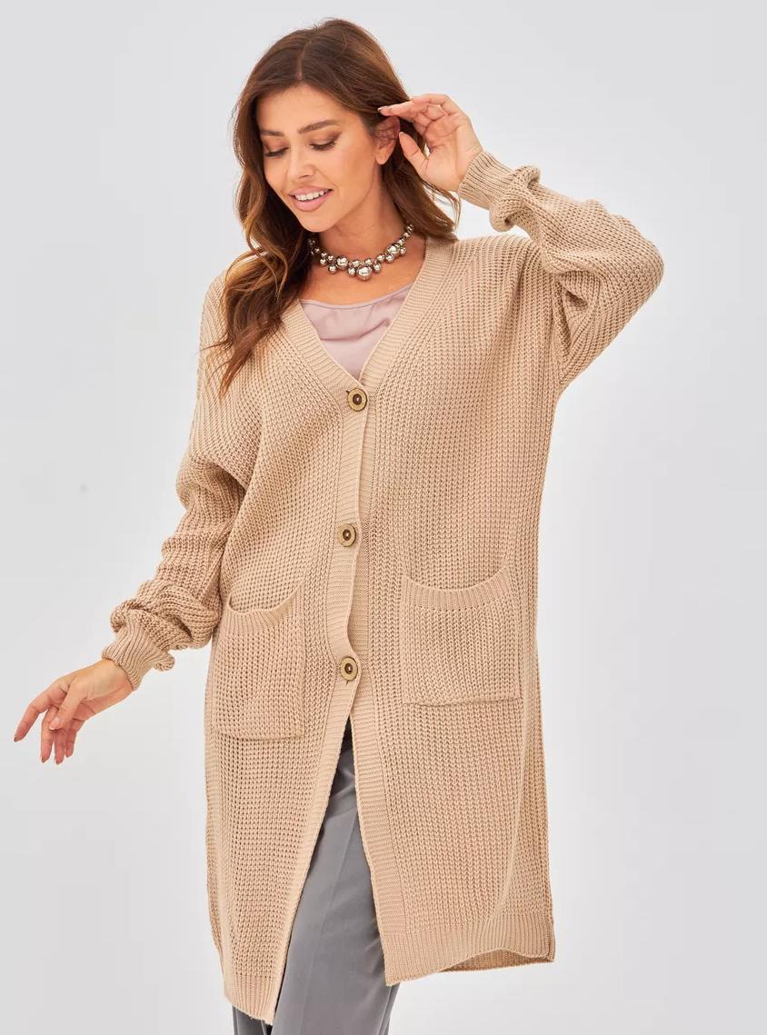 Damen Grobstrick-Cardigan mit schlichten Holzknöpfen und praktischen Taschen R&B