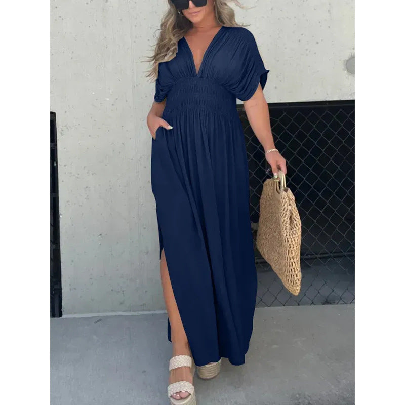 Damen Maxikleid mit tiefem V-Ausschnitt und praktischen Seitentaschen R&B