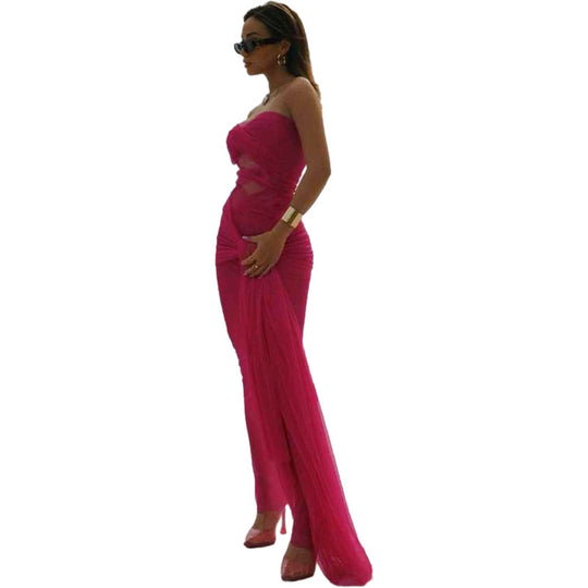 Damen Elegantes trägerloses Maxikleid mit raffinierten Drapierungen und transparenter Optik R&B
