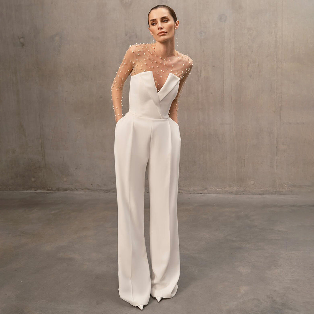 Damen eleganter Jumpsuit mit transparenten Ärmeln und Perlenverzierung R&B