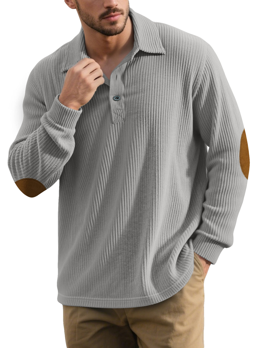 Herren nan gerippter Freizeit-Polo mit Kentkragen, kurzer Knopfleiste und Velours-Ellenbogenpatch R&B