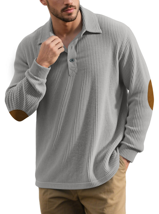Herren nan gerippter Freizeit-Polo mit Kentkragen, kurzer Knopfleiste und Velours-Ellenbogenpatch R&B